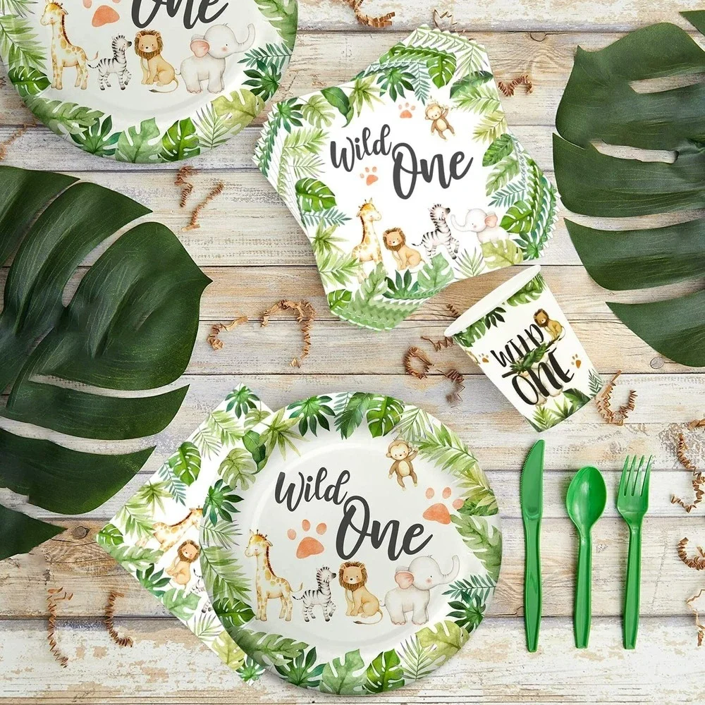 Wild one Jungle Safari First Birthday Decorations for 24 Guests Over 220 Pieces